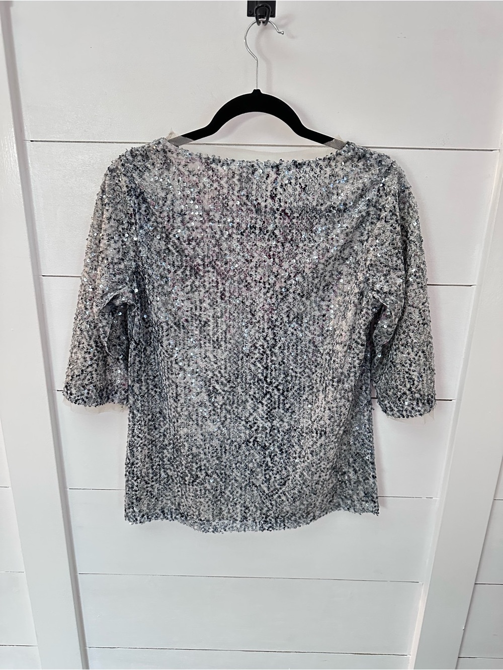 Kische M silver sparkle sequin 3/4 sleeve mesh trim luxe Y2K statement Top - Picture 3 of 10